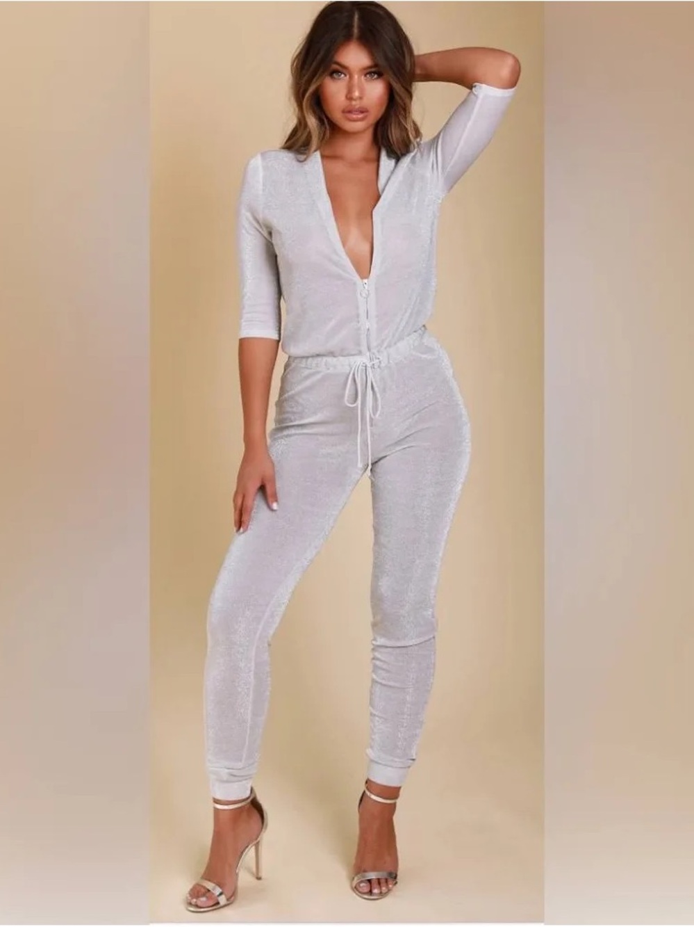 Oh Polly Silver Velvet Zip-Front Jumpsuit